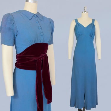 1930s Dress / 30s Gown Two Piece Set / Sleeveless Gown and Blouse Jacket / Puffed Sleeves / Low Back / Blue Crinkle Crepe! 