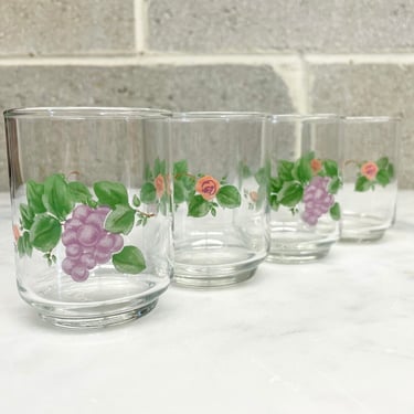 Vintage Juice Glass Set Retro 1990s Libbey + Pfaltzgraff + Grapevine + Roses + 6 OZ + Drinkware + Set of 4 + Home and Kitchen Decor 