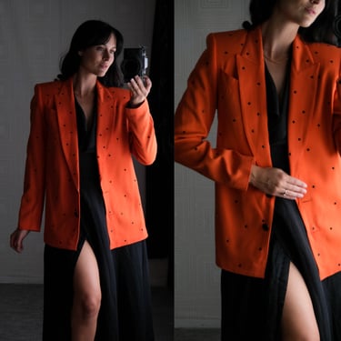 Vintage 80s Criscione New York Orange Drop Lapel Power Blazer w/ Black Rhinestone Studs | Made in USA | 100% Rayon | 1980s Designer Jacket 