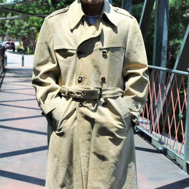 Vintage Suede Trench Coat, XL Men, Light Taupe, Belted Coat, Double Breasted, Pockets 