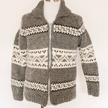 1970s Sweater Cowichan Zip Cardigan Wool Knit M 
