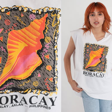 Boracay Philippines Shirt 00s Seashell Graphic Tank Top Tropical Filipino Muscle Tee Surfer Asia Beach T Shirt Y2K White Large xl l 