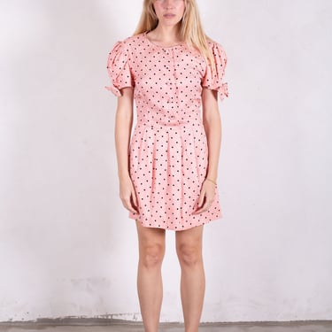 1980s Albert Nipon Baby Pink +Black Polka Dot Silk Dress with Puff Sleeves + Bows Pleated Neiman Marcus Vintage Button Front 