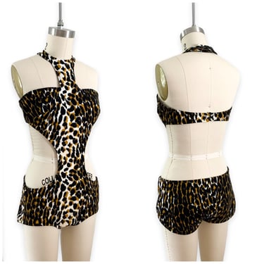 60s Leopard Print Scandal Cut Out Bikini Swimsuit / 1960s Vintage Swim Suit / Medium 