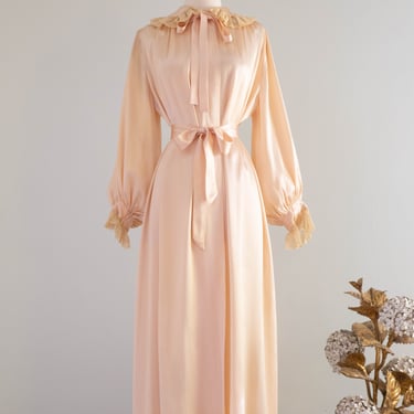 Lovely 1930's Blush Satin Crepe Peignoir With Bishop Sleeves and Lace Collar / Medium