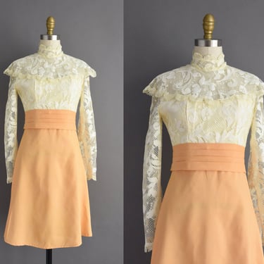 Vintage 1970s Dress  | Pumpkin Orange Long Sleeve Lace Party Dress | Small 