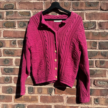 Vintage 90s LL Bean Magenta Pink Cableknit Fisherman Cardigan Sweater Cotton USA made Mediun Large by TimeBa