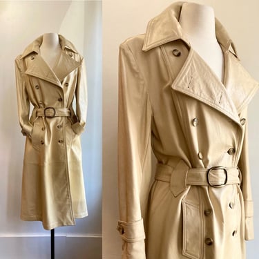 Vintage 70s Leather Coat / TRENCH COAT / Tan Khaki / Double-Breasted + Belted + Sleeve Straps + Lined / Pristine 