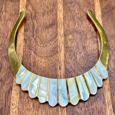 Brass Mother Of Pearl Choker Bib Necklace Vintage Egyptian Revival Retro Jewelry 