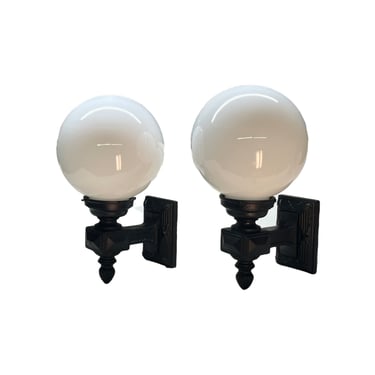 Pair exterior sconce lights with milk glass globes #2378 