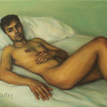 Male Nude in Bed - Fine Art Print of Handsome Man, Contemporary Realism by Pat Kelley 