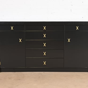 Paul Frankl for Johnson Furniture Black Lacquered Mahogany Sideboard or Bar Cabinet, Newly Refinished