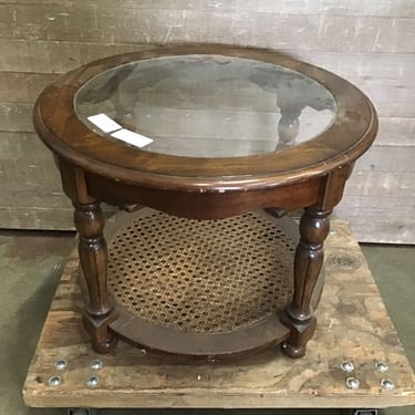 Round Oak &amp; Rattan Side Table (Tacoma)