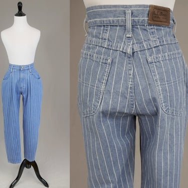 80s 90s LL Bean Striped Jeans - 27" waist - Pleated Blue White Cotton Denim Pants - Vintage 1980s 1990s - 29" inseam 
