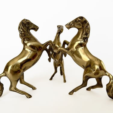 Brass Horse Decor Table Top Figurine Statue Of Vintage Mid Century Trio Of Horses Equestrian Centerpiece 