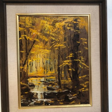 Original Autumn Woods with Stream Oil Painting, signed by California artist Leona Lee 