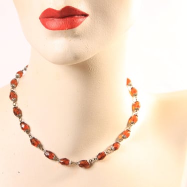 1940s 1950s Brass Tone Amber Glass Beaded Faceted Necklace 