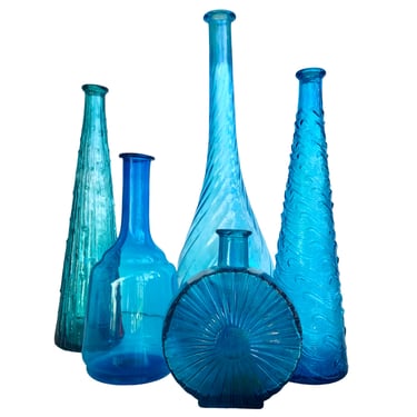 COLLECTION! Mid-Century Turquoise Blue Art Glass Decanter's | Assorted x5 Vintage Retro Italian Glass Genie Bottles Vases 