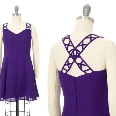 Vintage 1980s Dress | 80s Royal Purple Crepe Lattice Criss Cross Straps Sweetheart Neckline Fit and Flare Micro Mini Party Dress (small) 