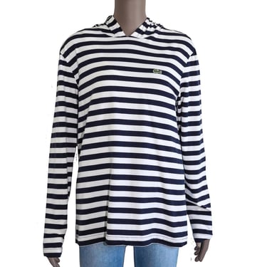 Lacoste Navy Blue White Striped Long Sleeve Hoodie Blouse Coastal Spring Preppy Beach Cover Up Summer Casual Lightweight Nautical Stripe Top 