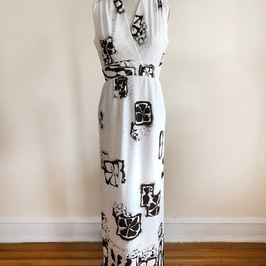 Sleeveless Brown and White Floral Block Print Maxi Dress - 1970s 