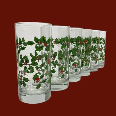 Vintage Holiday Highballs Retro 1970s Crisa + Christmas Style + Clear Glass + Holly and Berry Design + Set of 6 + Weighted Bottoms + Xmas 