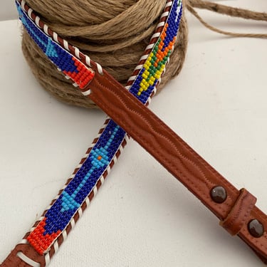Vintage Southwestern Seed Bead Leather Belt, Thunderbird Design, Small Size 28, Made In Hong Kong, Souvenir, Boho Casual 
