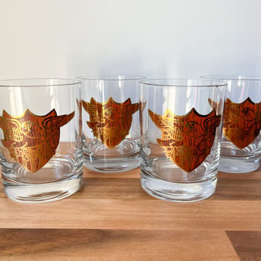 Set of Four Wood Crest and Eagle Cocktail Glasses. Vintage Barware Set of Lowball Glasses. Vintage Old Fashioned Couroc Glasses 