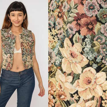 Vintage Floral Tapestry Vest 90s Open Front Vest Retro Flower Rose Print Hippie Garden Jacquard Daffodil Top 1990s Small xs 