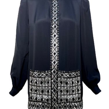 André Laug 1980's Black Embellished Geometric Silk Tunic Mini Dress