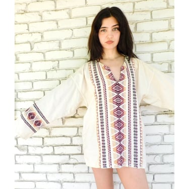 Hand Embroidered Baja Blouse // vintage off white beige woven boho hippie Mexican dress hippy tunic 70s 1970s 1970's 70's sun // O/S 