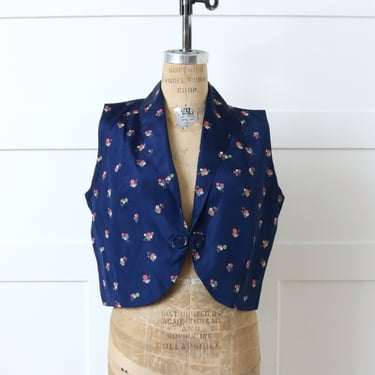 vintage 1930s silk vest • navy blue tiny floral shawl collar vest Victorian style 
