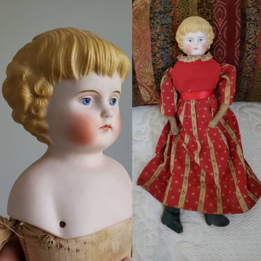 Antique Parian Doll With Blonde Curls and Bangs - 17