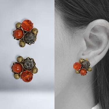 VINTAGE 50s Unique Hobe Orange and Gold Bead Cluster Clip on Earrings | 1950s Hobè Designer Retro MCM Jewelry | VFG 