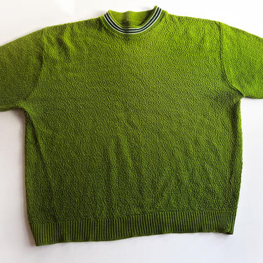 60's Men's Green Mod Knit Sweater, Short Sleeve, Vintage Pullover Sweatshirt Ringer 1960's, 1970's Loose Knit Shirt LARGE, 46