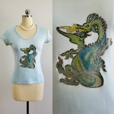 1970s Original Heat Transfer T-Shirt with Glittery Dragon - 70s T-shirt - 70s Women's Vintage Size XS/Small 