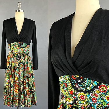 1960s Paisley Dress / Bold Floral Paisely Long Sleeved Day Dress with Black Cross Body Bodice and Full Ruffled Skirt / Size Large 