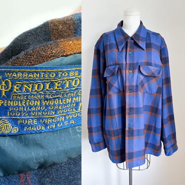 Vintage 1960s Men's Blue Wool Plaid Shirt / XL 