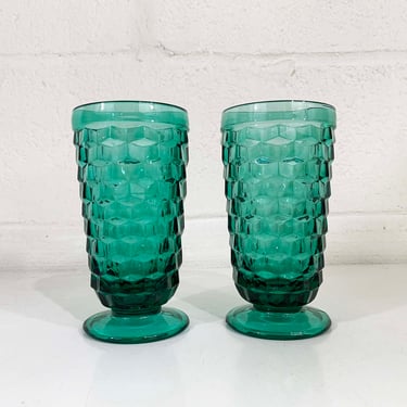 Vintage Iced Tea Glasses Set of 2 Indiana Glass Whitehall Blue Teal Goblets Spruce Green Colony Cubist Highball Wine Goblet Water 1950s 