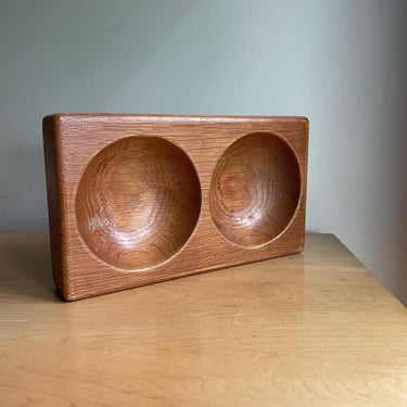 Vintage 1930s Oak Jewelry Catch Tray Double Dish Mid-Century Art Deco Geometric Sphere Bowl 