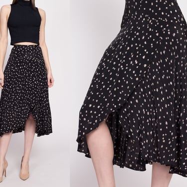 70s 80s Flowy Petal Hem Midi Skirt - Extra Small, 23" | Vintage Black & White Boho High Waisted Skirt 