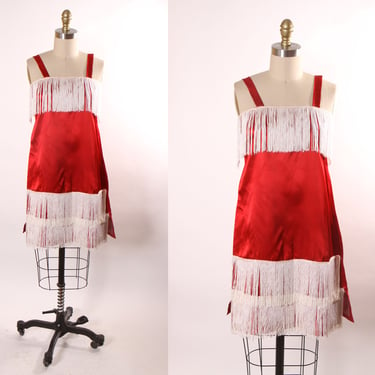 1960s Does 1920s Red Satin Style Sleeveless White Fringe Flapper Style Costume Dress 