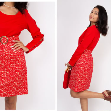 Vintage 1960s 60s Red Mod Mini Dress w/ Long Sleeves, Scooped Neckline // Comes with Matching Belt, O-ring Buckle 