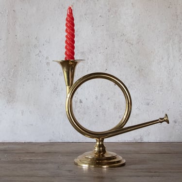 French Horn Candle Holder, Vintage Solid Brass Horn Candlestick for Taper Candle 