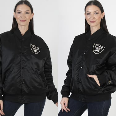 Los Angeles Raiders Starter Jacket, Vintage 90s Satin Bomber Coat, NFL Pro Line Mens Snap Up, Size XL 