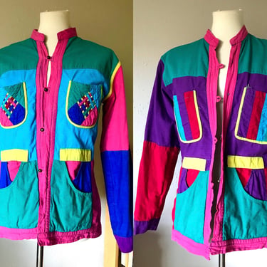 Vintage REVERSIBLE 2-in-1 rainbow block pink quilted jacket with pockets size small 