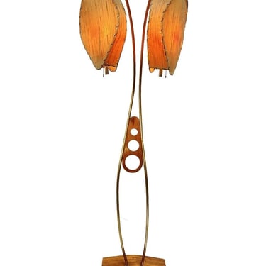 Mid Century Walnut and Brass Floor Lamp with Whipstitch Fiberglass Lamp Shades 