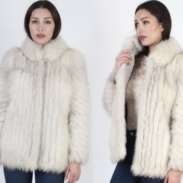 Vintage 80s SAGA Fox Fur Pockets Coat / 1980s Swirl Sleeve Real Fur Coat / Arctic Ivory Real Corded Plush Apres Ski Jacket 