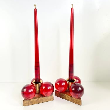 2 Mid Century Modern Red Lucite Orb Ball Candle Holders & Candles Mcm Vintage