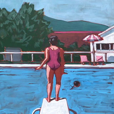 Pool #104 - Original Acrylic Painting on Canvas 20 x 20, woman, swimming, summer, michael van, retro, mcm, vintage, diving board, girl 